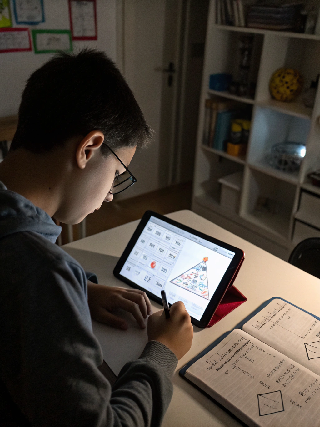 A student focused on solving a complex equation on a tablet